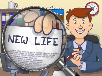 New Life. Man Sitting in Offiice and Holding a through Lens Paper with Text. Colored Doodle Illustration.