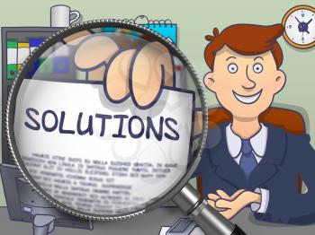Solutions. Smiling Officeman in Office Holding a Text on Paper through Magnifying Glass. Colored Doodle Style Illustration.