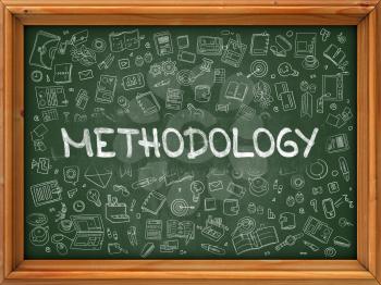 Methodology Concept. Line Style Illustration. Methodology Handwritten on Green Chalkboard with Doodle Icons Around. Doodle Design Style of  Methodology.