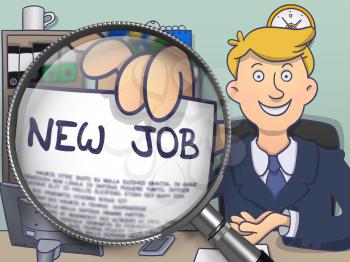 New Job through Magnifier. Businessman Holding a Text on Paper. Closeup View. Multicolor Doodle Illustration.
