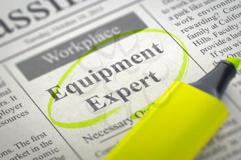 A Newspaper Column in the Classifieds with the Job Vacancy of Equipment Expert, Circled with a Yellow Marker. Blurred Image. Selective focus. Job Search Concept. 3D Illustration.