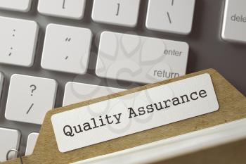 Quality Assurance written on  Folder Index on Background of White Modern Computer Keyboard. Archive Concept. Closeup View. Selective Focus. Toned Illustration. 3D Rendering.