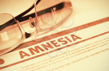 Amnesia - Medical Concept with Blurred Text and Pair of Spectacles on Red Background. Selective Focus. 3D Rendering.