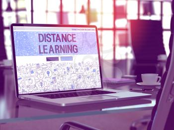 Distance Learning Concept - Closeup on Landing Page of Laptop Screen in Modern Office Workplace. Toned Image with Selective Focus. 3D Render.