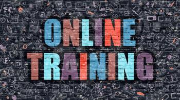 Online Training Concept. Online Training Drawn on Dark Wall. Online Training in Multicolor. Online Training Concept. Modern Illustration in Doodle Design of Online Training.