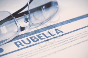 Rubella - Medicine Concept on Blue Background with Blurred Text and Composition of Specs. Rubella - Medicine Concept with Blurred Text and Glasses on Blue Background. Selective Focus. 3D Rendering.