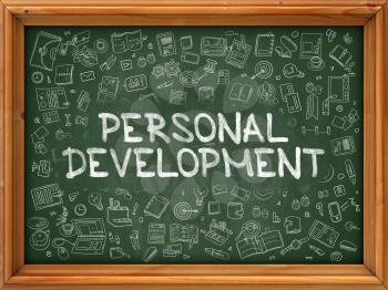 Personal Development - Hand Drawn on Green Chalkboard with Doodle Icons Around. Modern Illustration with Doodle Design Style.