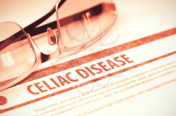 Celiac Disease - Printed Diagnosis on Red Background and Pair of Spectacles Lying on It. Medical Concept. Blurred Image. 3D Rendering.