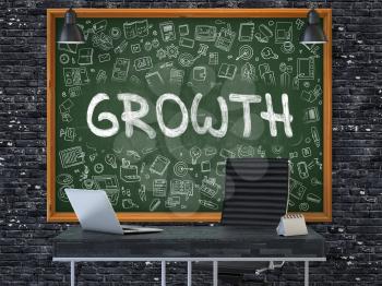 Growth - Hand Drawn on Green Chalkboard in Modern Office Workplace. Illustration with Doodle Design Elements. 3D.