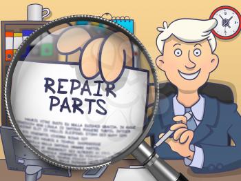 Businessman in Suit Looking at Camera and Holds Out a Paper with Concept Repair Parts Concept through Magnifier. Closeup View. Colored Modern Line Illustration in Doodle Style.