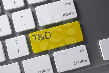 T and D Concept Aluminum Keyboard with TD - Training and Development on Yellow Enter Button Background, Selected Focus. 3D Illustration.