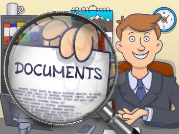 Man Shows Paper with Inscription Documents. Closeup View through Magnifier. Colored Doodle Style Illustration.