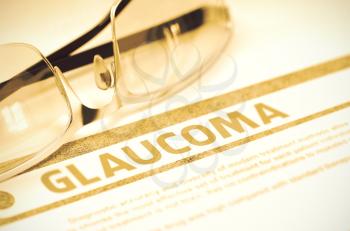 Diagnosis - Glaucoma. Medicine Concept with Blurred Text and Spectacles on Red Background. Selective Focus. 3D Rendering.
