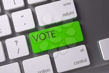 Vote Concept Slim Aluminum Keyboard with Vote on Green Enter Key Background, Selected Focus. 3D Illustration.