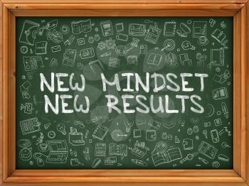 New Mindset New Results - Hand Drawn on Chalkboard. New Mindset New Results with Doodle Icons Around.