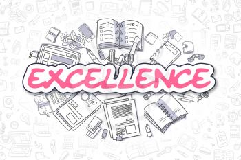 Business Illustration of Excellence. Doodle Magenta Word Hand Drawn Doodle Design Elements. Excellence Concept. 