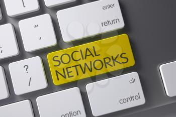 Concept of Social Networks, with Social Networks on Yellow Enter Button on Computer Keyboard. 3D Illustration.