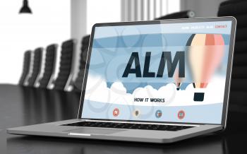 Alm on Landing Page of Laptop Screen. Closeup View. Modern Meeting Room Background. Blurred. Toned Image. 3D Illustration.
