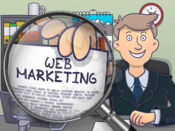 Web Marketing on Paper in Man's Hand to Illustrate a Business Concept. Closeup View through Magnifier. Colored Modern Line Illustration in Doodle Style.