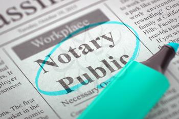 Notary Public - Classified Advertisement of Hiring in Newspaper, Circled with a Azure Marker. Blurred Image with Selective focus. Hiring Concept. 3D Render.