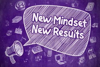 Business Concept. Horn Speaker with Inscription New Mindset New Results. Doodle Illustration on Purple Chalkboard. 