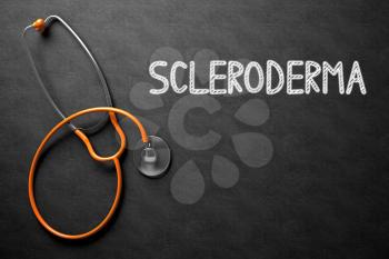 Medical Concept: Scleroderma - Text on Black Chalkboard with Orange Stethoscope. Medical Concept: Scleroderma Handwritten on Black Chalkboard. 3D Rendering.