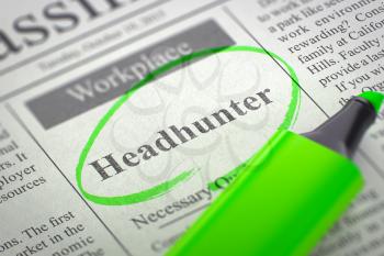 Headhunter - Small Ads of Job Search in Newspaper, Circled with a Green Marker. Blurred Image with Selective focus. Hiring Concept. 3D Illustration.