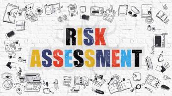 Risk Assessment Concept. Modern Line Style Illustation. Multicolor Risk Assessment Drawn on White Brick Wall. Doodle Icons. Doodle Design Style of Risk Assessment  Concept.