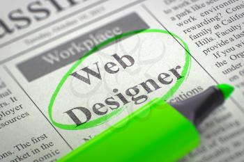Web Designer. Newspaper with the Classified Advertisement of Hiring, Circled with a Green Marker. Blurred Image with Selective focus. Job Search Concept. 3D.