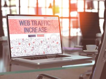 Web Traffic Increase Concept. Closeup Landing Page on Laptop Screen in Doodle Design Style. On Background of Comfortable Working Place in Modern Office. Blurred, Toned Image. 3D Render.
