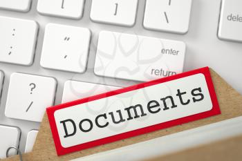 Documents Concept. Word on Red Folder Register of Card Index. Closeup View. Blurred Image. 3D Rendering.