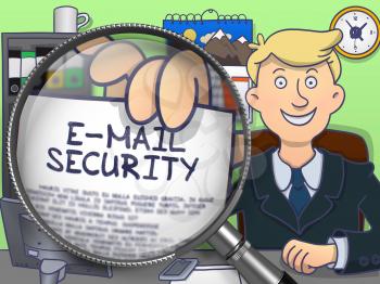 E-Mail Security through Magnifier. Man Showing a Text on Paper. Closeup View. Colored Doodle Style Illustration.
