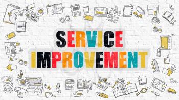 Service Improvement. Service Improvement Drawn on White Brick Wall. Service Improvement in Multicolor. Modern Style Illustration. Doodle Design Style of Service Improvement.  Line Style Illustration. 