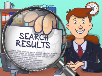 Business Man in Office Holding a Concept on Paper Search Results. Closeup View through Magnifier. Multicolor Doodle Style Illustration.
