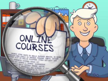 Online Courses. Officeman Holds Out a Concept on Paper through Magnifier. Multicolor Modern Line Illustration in Doodle Style.