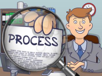 Process through Lens. Business Man Shows Paper with Concept. Closeup View. Multicolor Modern Line Illustration in Doodle Style.