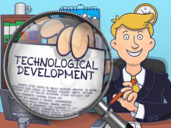 Technological Development on Paper in Business Man's Hand through Lens to Illustrate a Business Concept. Colored Doodle Illustration.
