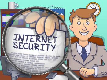 Internet Security. Officeman Showing Paper with Concept through Lens. Multicolor Doodle Illustration.
