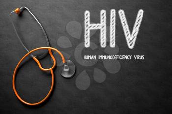 Medical Concept: HIV - Human Immunodeficiency Virus - Text on Black Chalkboard with Orange Stethoscope. Medical Concept: Black Chalkboard with HIV - Human Immunodeficiency Virus. 3D Rendering.