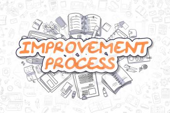 Improvement Process - Hand Drawn Business Illustration with Business Doodles. Orange Word - Improvement Process - Doodle Business Concept. 