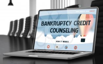 Laptop Screen with Bankruptcy Credit Counseling Concept on Landing Page. Closeup View. Modern Meeting Hall Background. Blurred Image. Selective focus. 3D Rendering.