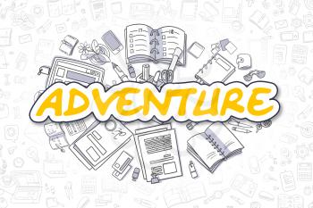 Adventure Doodle Illustration of Yellow Inscription and Stationery Surrounded by Cartoon Icons. Business Concept for Web Banners and Printed Materials. 