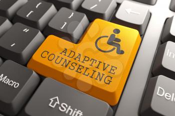 Adaptive Counseling Words with  Disabled Icon on Orange Button of Black Modern Computer Keyboard.