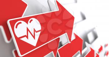 Icon of Heart with Cardiogram Line on Red Arrow on a Grey Background.