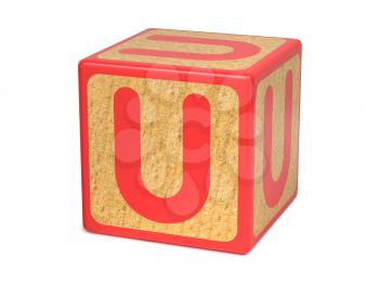 Letter U on Red Wooden Childrens Alphabet Block Isolated on White. Educational Concept.
