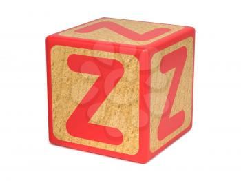 Letter Z on Red Wooden Childrens Alphabet Block  Isolated on White. Educational Concept.