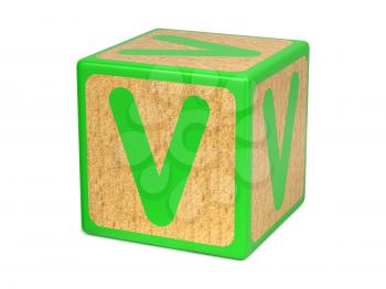 Letter V on Green Wooden Childrens Alphabet Block  Isolated on White. Educational Concept.