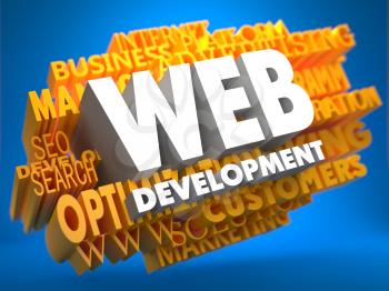 Web Development on White Color on Cloud of Yellow Words on Blue Background. Internet Concept.
