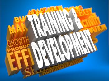 Training and Development on White Color on Cloud of Yellow Words on Blue Background. Business Educational Concept.