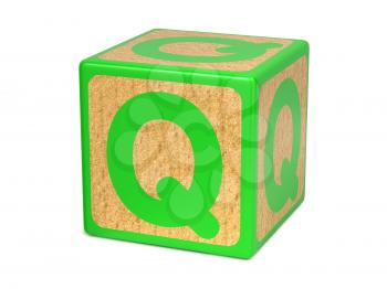 Letter Q on Green Wooden Childrens Alphabet Block  Isolated on White. Educational Concept.